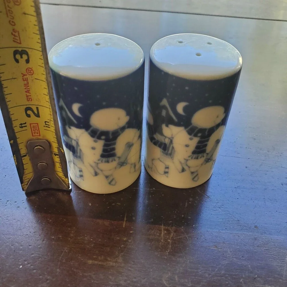 Salt And Pepper Shakers Ceramic Christmas Scene Snowman Ice Skating Blue White